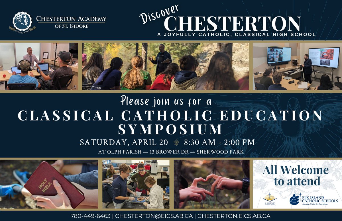 ChestertonSilc's tweet photo. We are excited to host a Classical Catholic Education Symposium this Saturday, April 20 at OLPH Parish in Sherwood Park. See attached schedule for the day! #shpk #catholiced #classicaled @EICSCatholic @silc_eics https://t.co/DakO8ku9J1