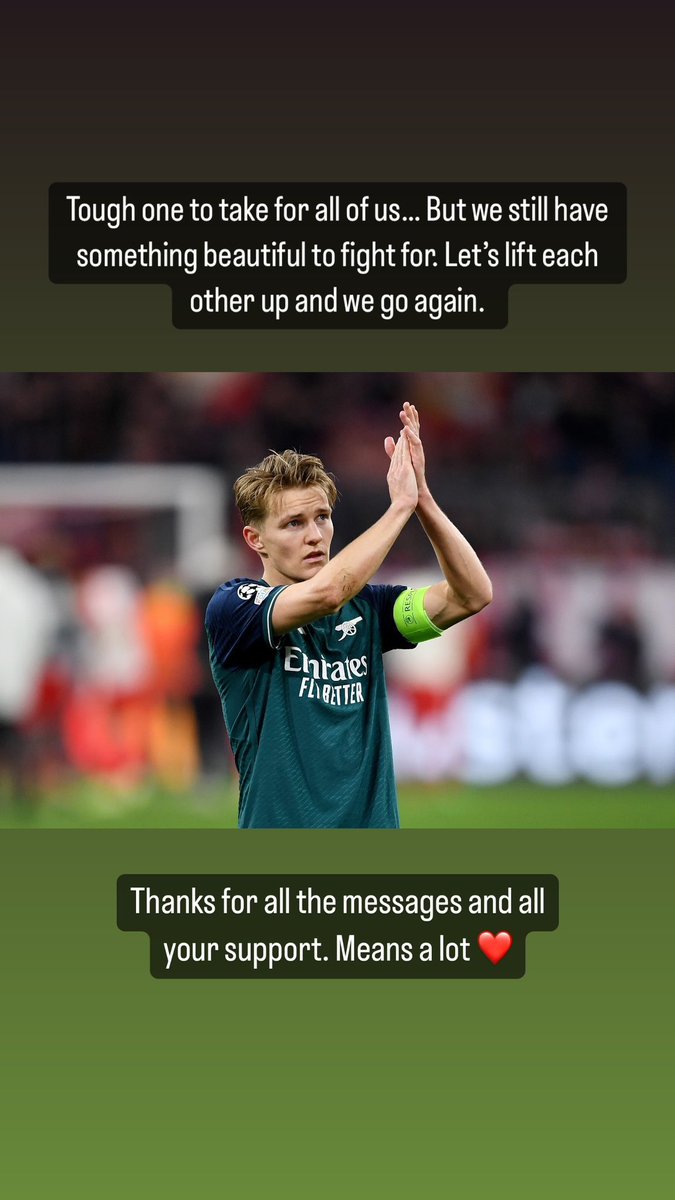 Martin Ødegaard on Instagram: Tough one to take for all of us… But we still have something beautiful to fight for. Let’s lift each other up and we go again. Thank you for all the messages and all your support. Means a lot ❤️