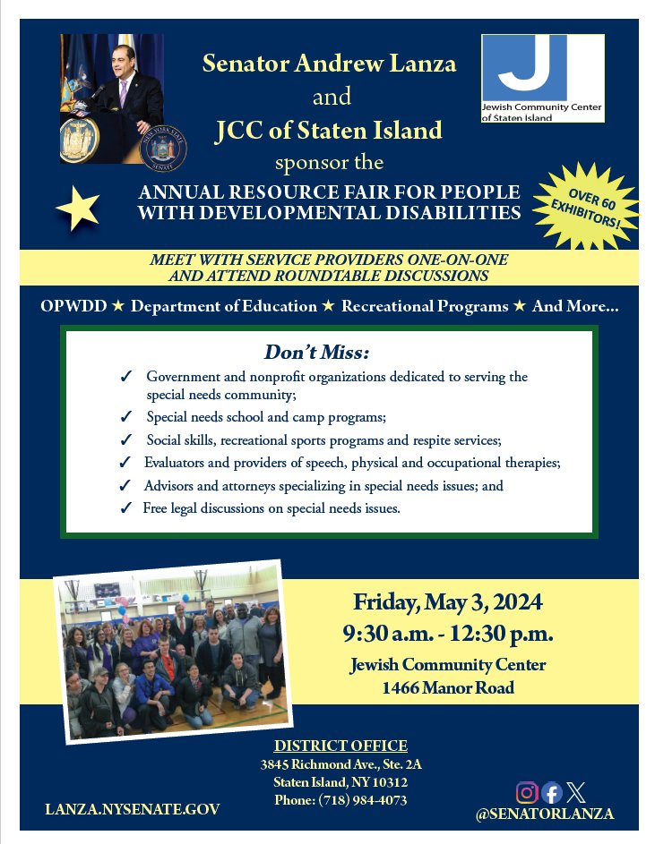 Join me at The JCC on Friday, May 3, 2024 from 9:30am-12:30pm at our annual Resource Fair for People with Intellectual & Developmental Disabilities. Attendees will have the opportunity to meet with service providers & attend roundtable discussions.