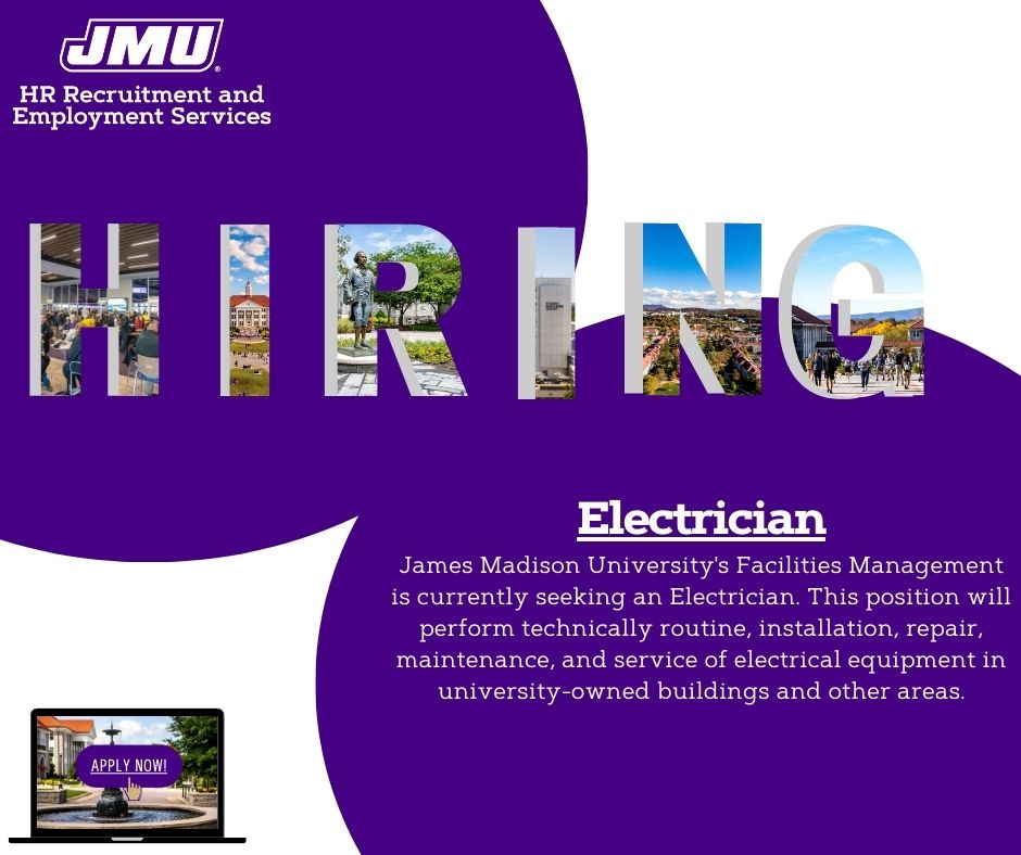 JMUJobs's tweet image. JMU is currently accepting applications for an Electrician! 
Apply now for this opportunity: jobs.jmu.edu/jobs/electrici…
 #JMU #Jobs #JMUJobs #NowHiring #JamesMadisonUniversity #electricianjobs
