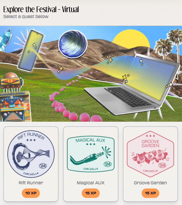 Coachella Weekend 2 is here 🎡

Looks like people loved the new Coachella Quests, powered by Avalanche, with over 40K quests completed during weekend 1 🤯

<a href="/coachella/">Coachella</a> Quests has new rewards and exclusive experiences for Weekend 2 that you can experience both at the festival and
