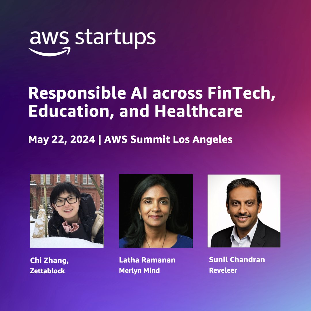 Get to know the world of generative AI in highly regulated industries at the AWS Summit Los Angeles on May 22. 🗓️ Hear from industry pioneers in #finTech, #education, and #healthcare like @ZettaBlockHQ, @MerlynMind, and @reveleer. Secure your spot now! go.aws/3xzhtsv