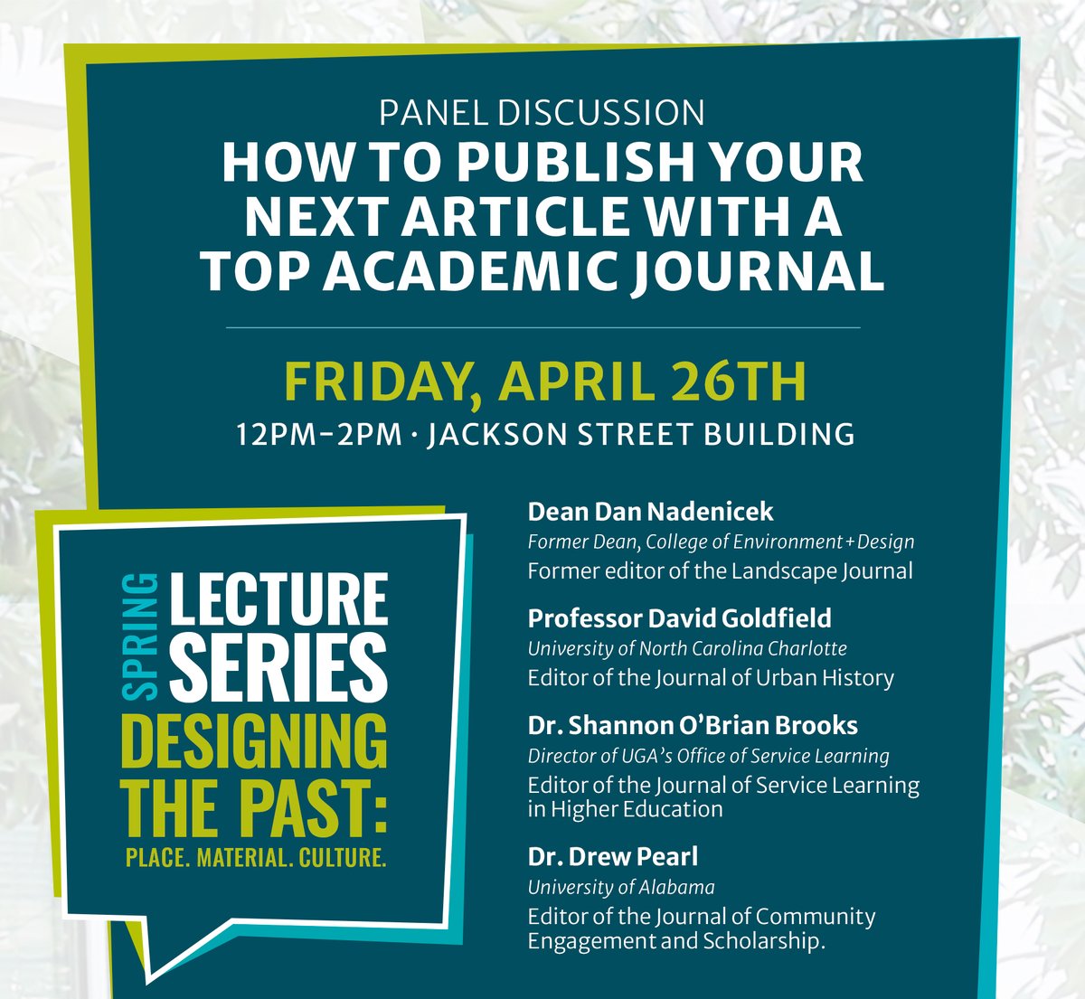 Join us Friday, April 26 at 12 p.m. for the final lecture of our Spring 2024 Lecture Series! We will be hosting a panel of outstanding current and former journal editors to answer your questions about publishing with top academic journals. We hope to see you there!