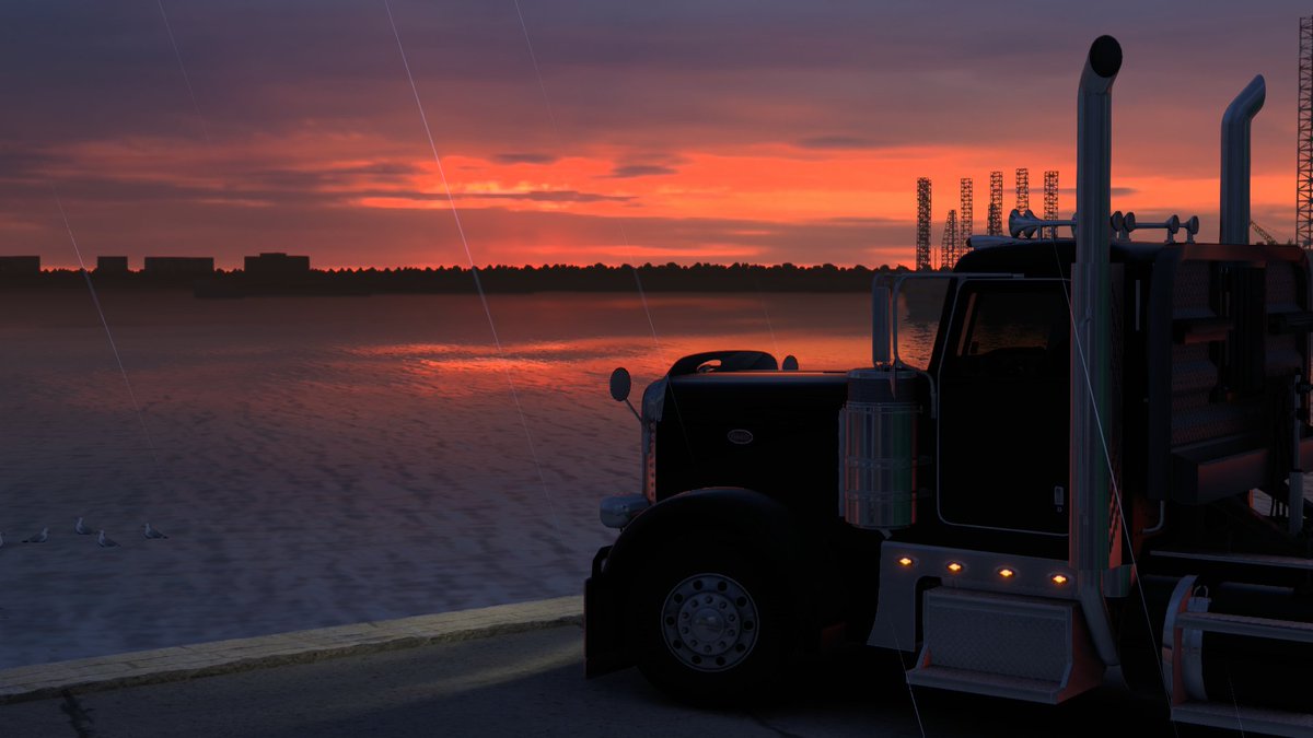 BloxWheels's tweet photo. Had a fantastic convoy with some buddies last night in celebration of finally hitting 100k miles on my 389 (all driven by me)—something I've always wanted to do! Great sunset, great ocean views, great times. #AmericanTruckSimulator @SCSsoftware https://t.co/T84Db8tB4t