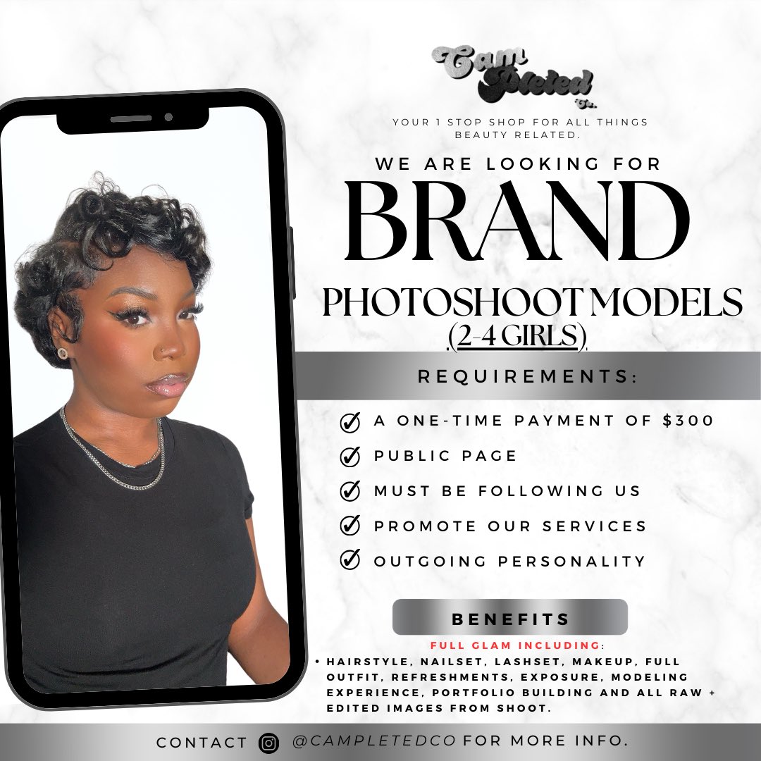 MODEL SEARCH.

If you know someone interested, please share.
Check @ CampletedCo on Instagram for more information.

#Hairstylist #BaltimoreHairstylist #NailTech
 #BaltimoreNailTech
#LashTech #LashExtensions
 #BaltimoreLashTech #Pikesville #CampletedCo #Maryland #BaltimoreStylist