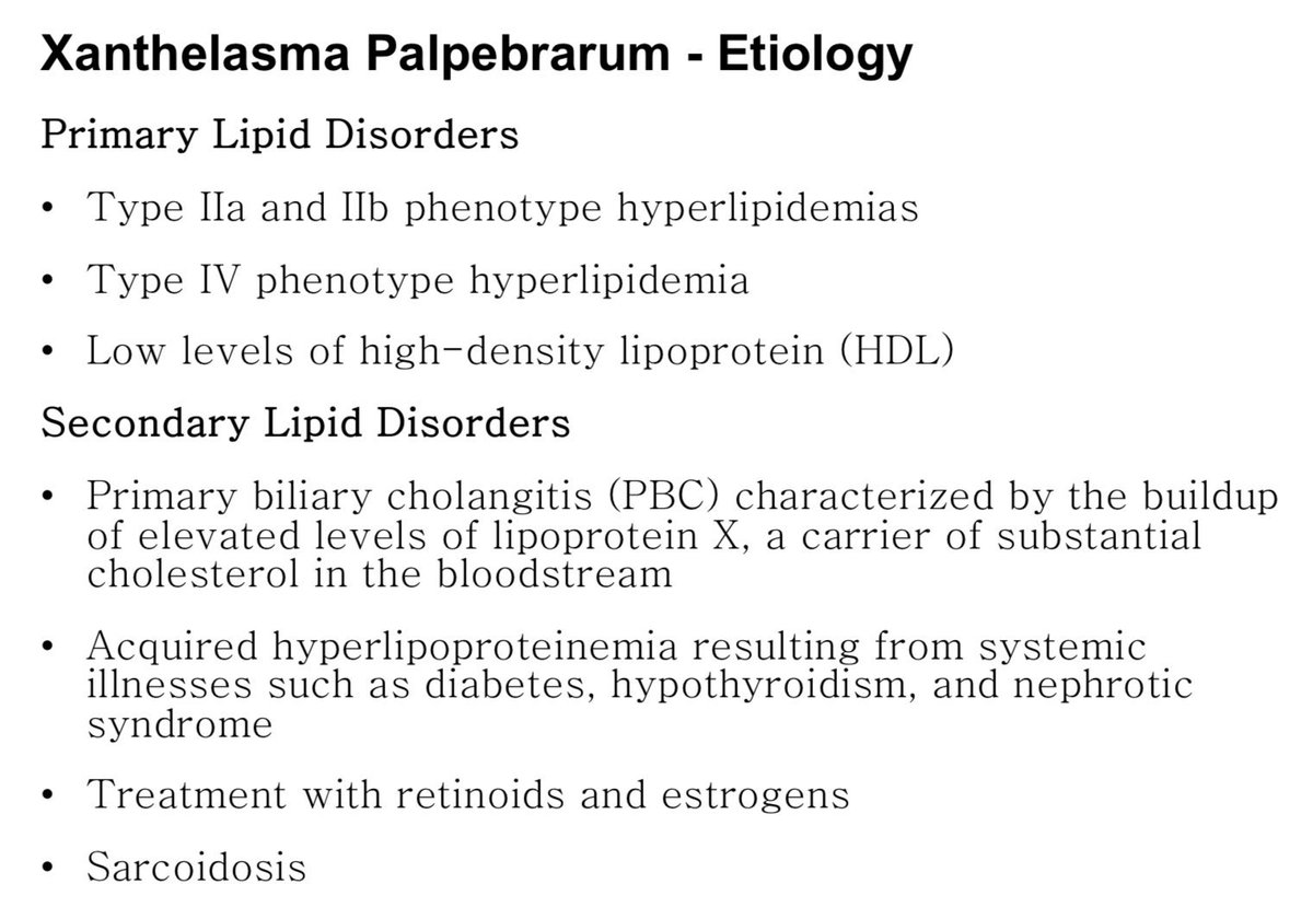 IhabFathiSulima's tweet photo. Xanthelasma Palpebrarum
- Benign condition characterized by soft, semisolid, yellow papules or plaques containing cholesterol. 
- Approx. 50% of individuals who develop xanthelasma have either a primary or secondary lipid disorder, and ⬆️ risk of atherosclerosis-related diseases. https://t.co/T9CmDxA6E8