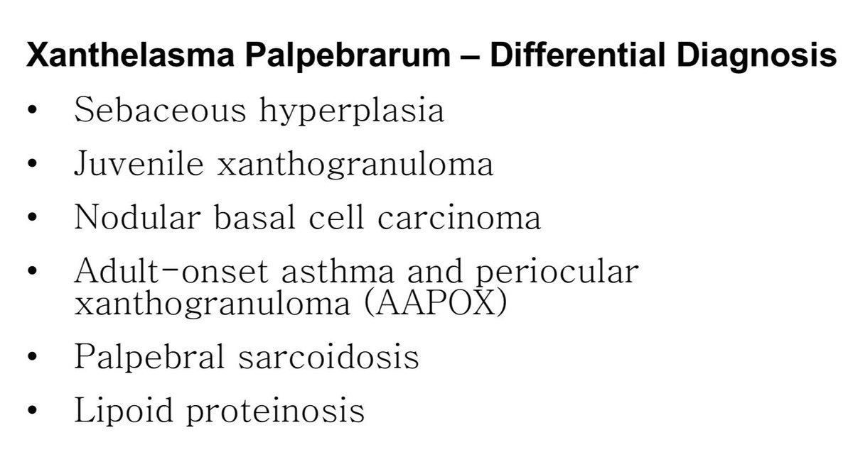 IhabFathiSulima's tweet photo. Xanthelasma Palpebrarum
- Benign condition characterized by soft, semisolid, yellow papules or plaques containing cholesterol. 
- Approx. 50% of individuals who develop xanthelasma have either a primary or secondary lipid disorder, and ⬆️ risk of atherosclerosis-related diseases. https://t.co/T9CmDxA6E8
