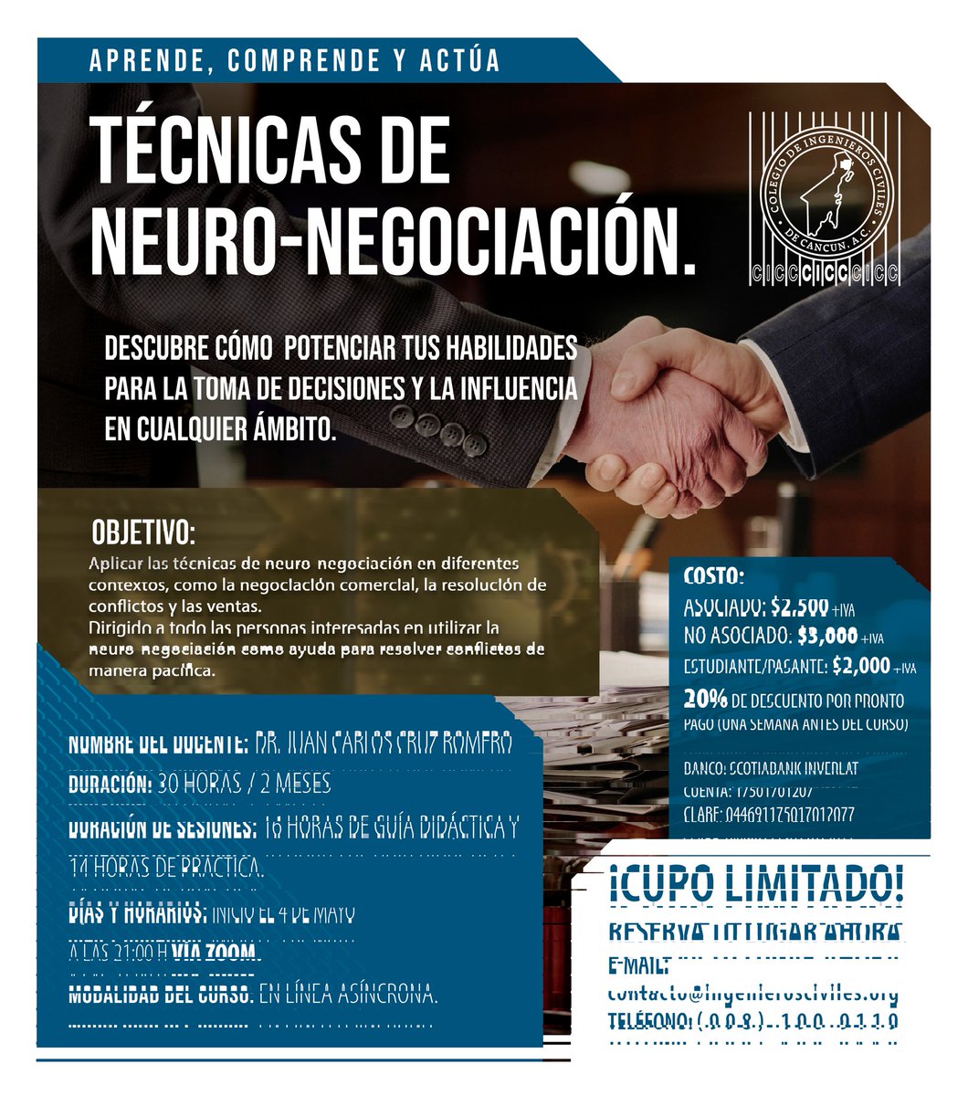 CICcancun's tweet photo. 💡 ¿Sabías que la neuro-negociación puede transformar tus habilidades de comunicación y persuasión?

¡Desata todo tu potencial y capacítate en las técnicas más avanzadas de neuro-negociación! 💡🧠

🚀 Curso: Técnicas de neuro-negociación.
🗓️ Inicio: 4 de mayo, vía Zoom. https://t.co/HvCqIjSvfZ