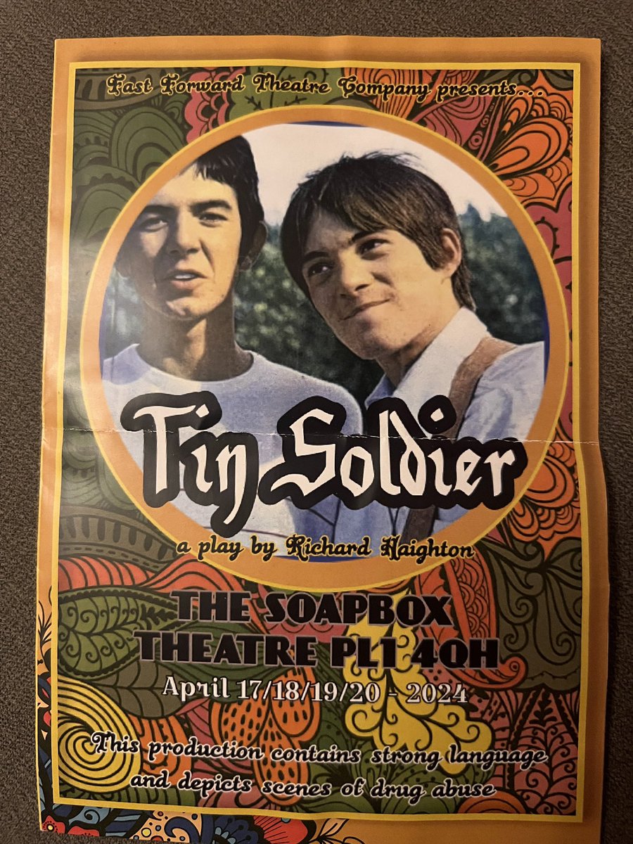 LukePollard's tweet photo. Enjoyable evening at the @PlymouthSoapbox theatre in Devonport Park watching ‘Tin Soldier’ about the lives and music of Steve Marriott and Ronnie Lane. 
Second half really was quite powerful. Well done to Richard Haighton who wrote the play and the cast: Anthony, Sally and Dean. https://t.co/av3rFrOvmS