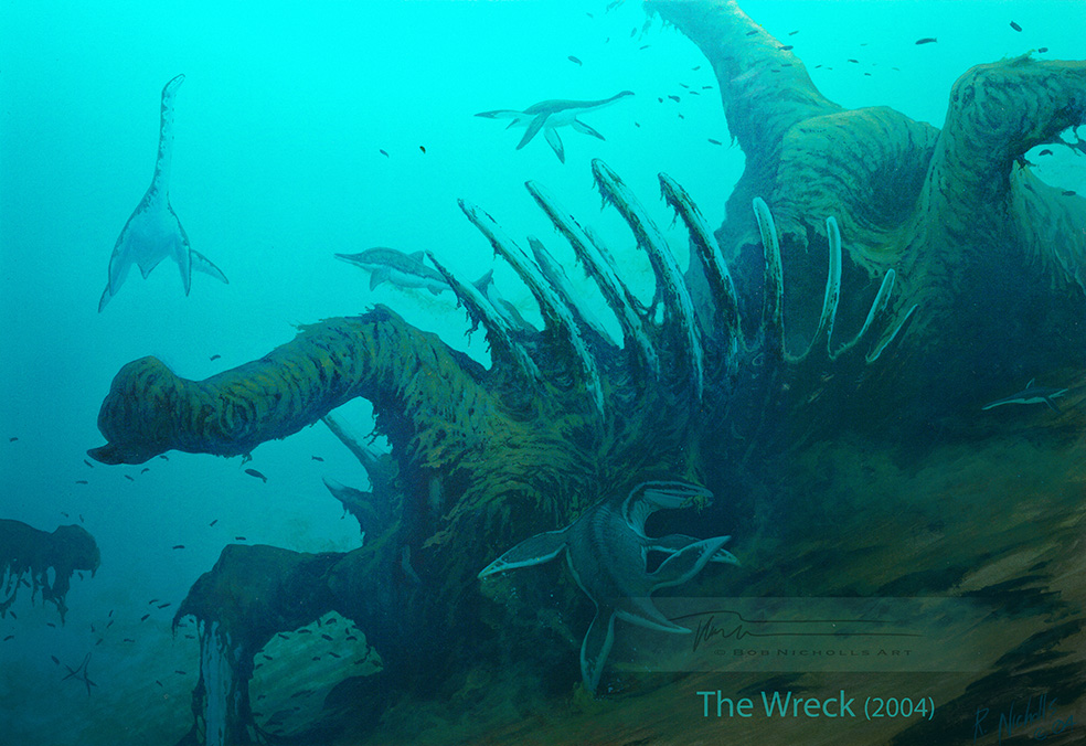 By <a href='https://x.com/BobNichollsArt/status/1781063082610970877/photo/1' target='_blank'>Bob Nicholls</a> 'A submerged sauropod carcass & a collection of small marine reptiles. I painted it for a friend & marine reptile expert Richard Forrest.''