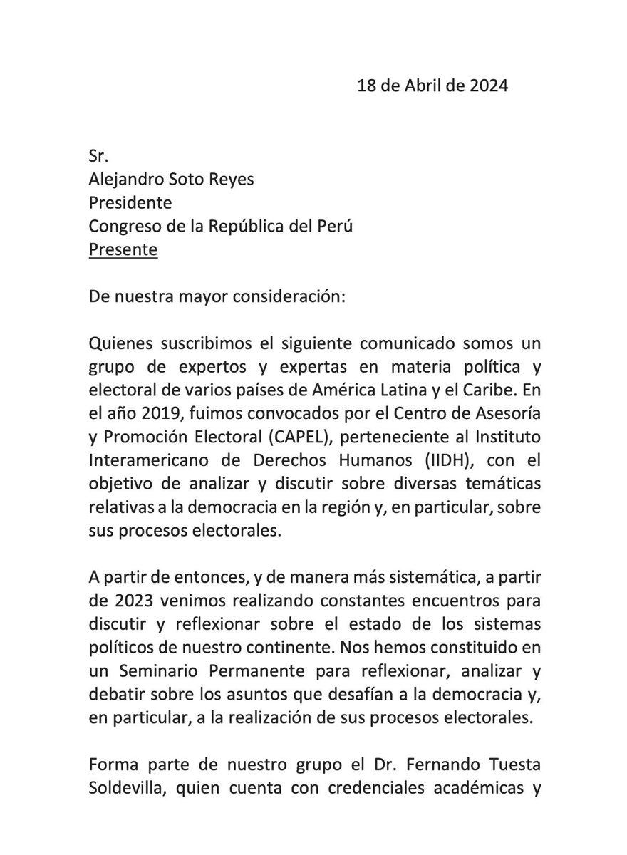 AAngelesFlores's tweet photo. Carta de apoyo a @tuesta  enviada al presidente del @congresoperu, firmada por expertos electorales de varios países de América Latina. https://t.co/7oLw4Umzyv