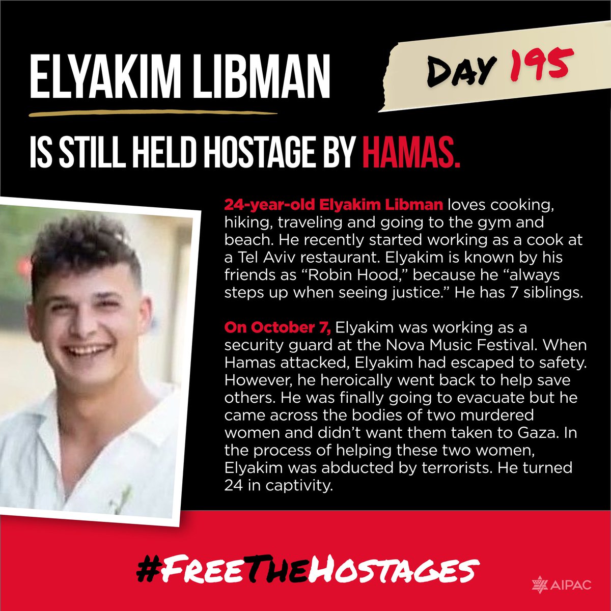 195 days. Elyakim Libman is still held hostage by Hamas. Share his story. #FreeTheHostages

@bringhomenow