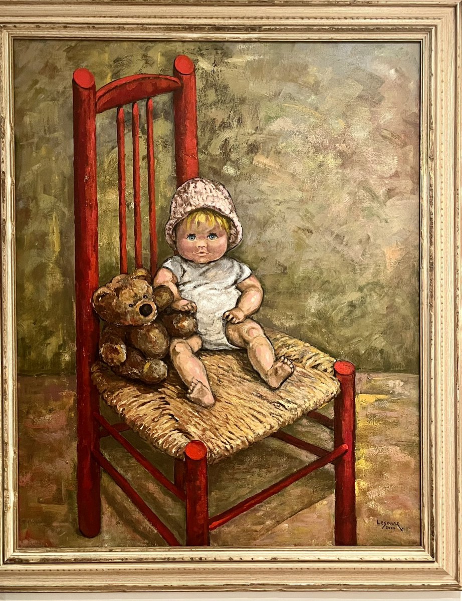 Doll and teddy bear sitting on a red chair. Oil on canvas, 2007. María Teresa Lescure. Madrid, 1933.