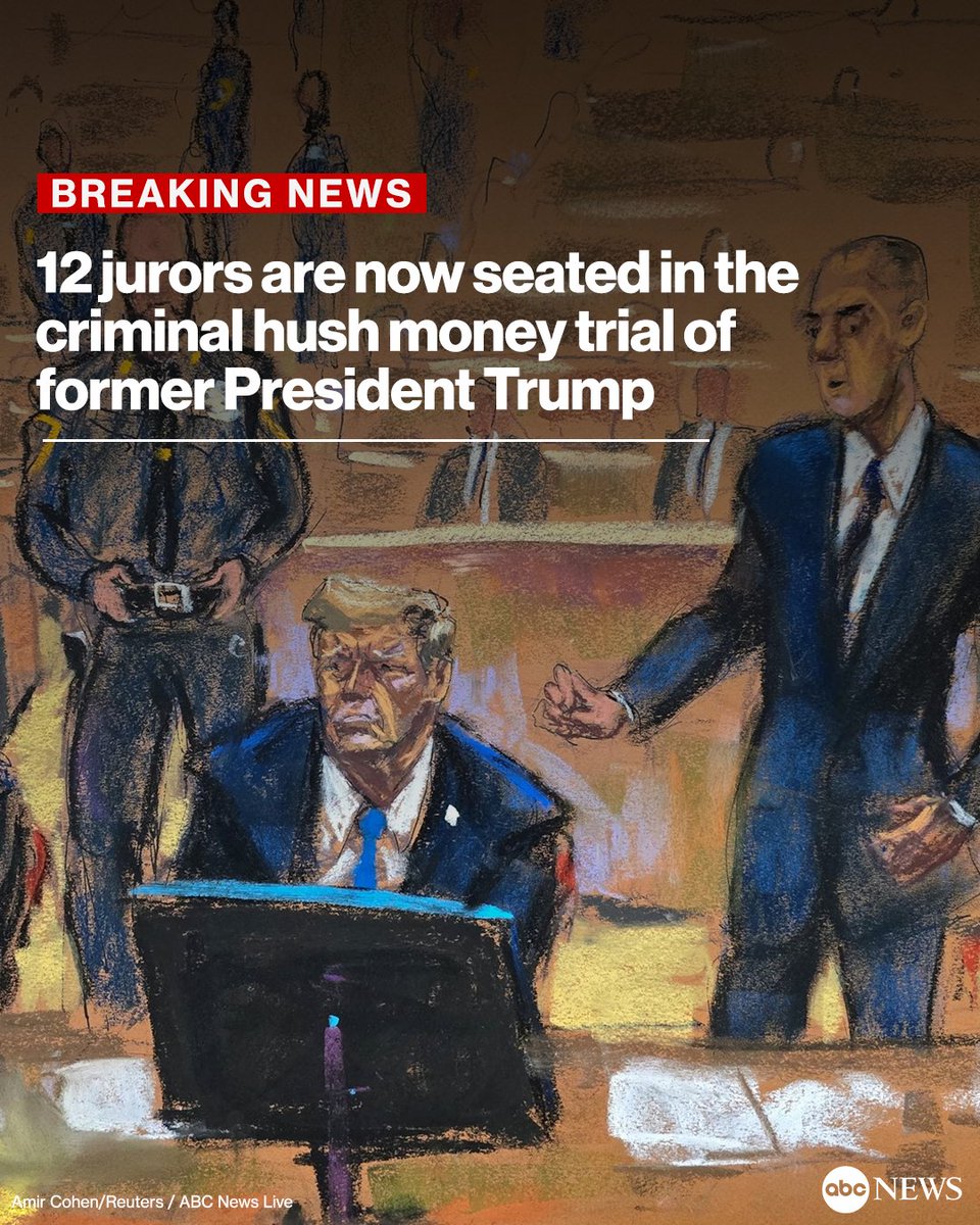 BREAKING: A full jury of 12 members has now been seated in former Pres. Trump's criminal hush money trial. The court is now working to select the six alternate jurors for the case. Follow live trial updates: abcnews.go.com/US/live-update…