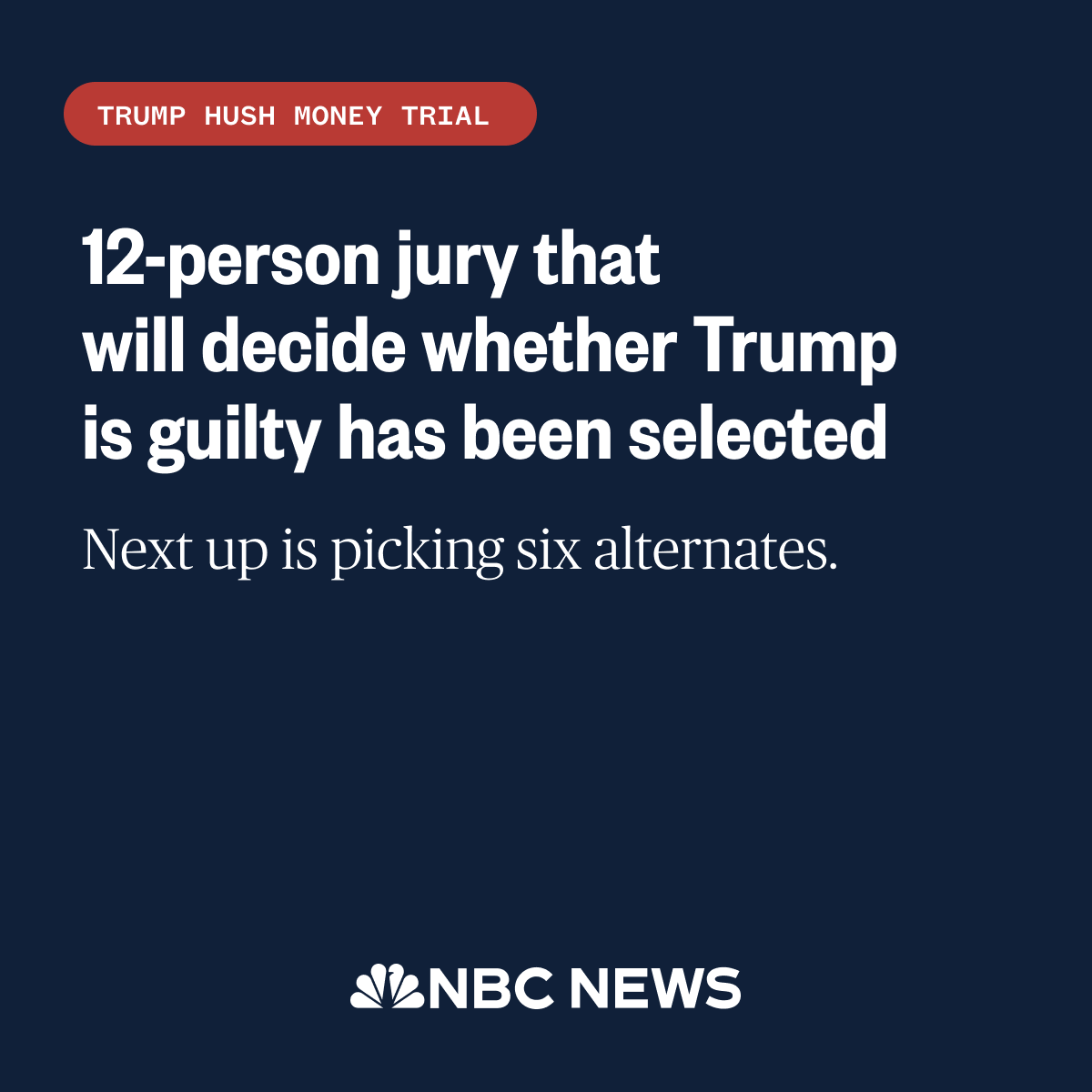 JUST IN: The 12-person jury in former President Trump's hush money trial has been selected. Six more jurors will be selected to serve as alternates. nbcnews.to/3W5orjg