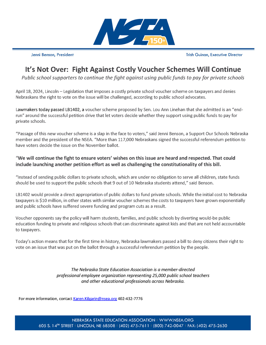 Today’s action means that for the first time in history, Nebraska lawmakers passed a bill to deny citizens their right to vote on an issue that was put on the ballot through a successful referendum petition by the people. Read more: bit.ly/FightVoucherSc…. #neleg