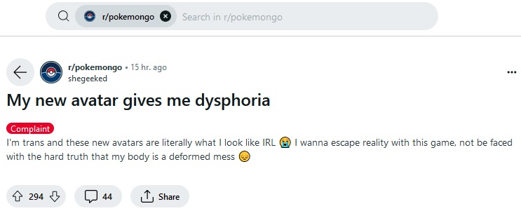 Woke Revokes. THE CHOICE is problematic so no feminine. Even when Women want it. Even when Trans would rather avoid themself too. Is Dysphoria Triggering ok now, Pokemon Go? asking for a friend, @Pokemon - I don't think this is very Palworld of you @NintendoAmerica