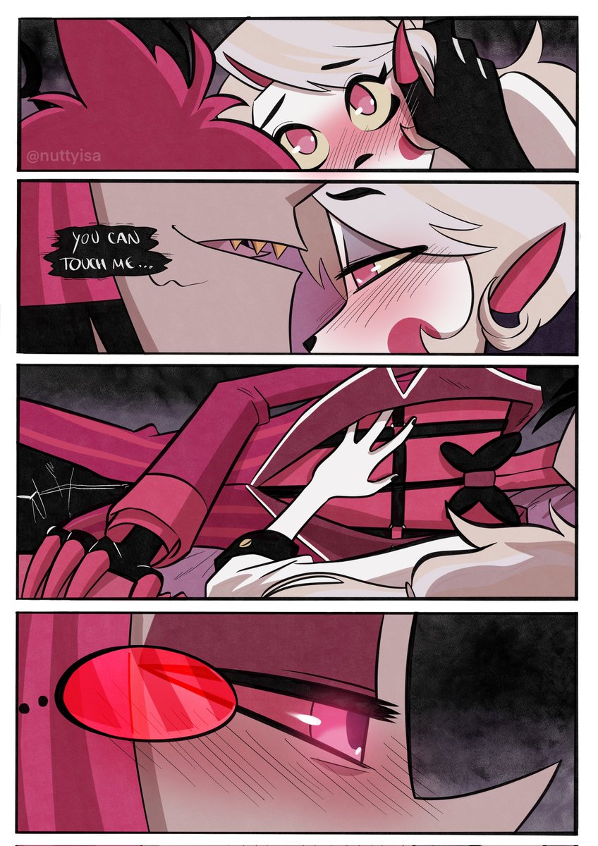 NuttyIsa's tweet photo. New #charlastor comic cooked for you ❤️ Some of you already had guessed it, this comic is based on a scene in chapter 23 of the beautiful fanfic "Penance" by @kinkydents ... We've waited for this kiss for so long 🥹❤️ #hazbinhotel #alastor #charliemorningstar #aracha https://t.co/8AnWrlOZIg