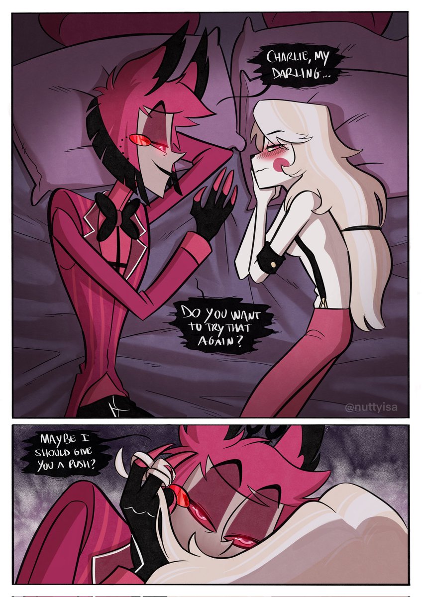 NuttyIsa's tweet photo. New #charlastor comic cooked for you ❤️ Some of you already had guessed it, this comic is based on a scene in chapter 23 of the beautiful fanfic "Penance" by @kinkydents ... We've waited for this kiss for so long 🥹❤️ #hazbinhotel #alastor #charliemorningstar #aracha https://t.co/8AnWrlOZIg