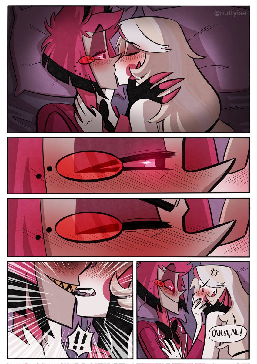 NuttyIsa's tweet photo. New #charlastor comic cooked for you ❤️ Some of you already had guessed it, this comic is based on a scene in chapter 23 of the beautiful fanfic "Penance" by @kinkydents ... We've waited for this kiss for so long 🥹❤️ #hazbinhotel #alastor #charliemorningstar #aracha https://t.co/8AnWrlOZIg