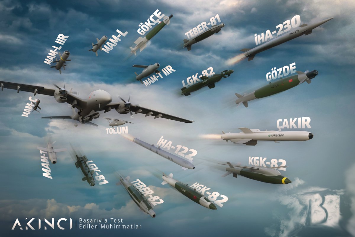 haluk's tweet photo. Bayraktar AKINCI milli mühimmatlarla başarılı atış testlerini sürdürüyor. ✈️🐳🚀

2 x TEBER Güdüm Kiti Atış Testi tam isabetle tamamlandı. 🎯

Bugüne kadar 17 farklı Milli Akıllı Mühimmatı Bayraktar AKINCI platformuna başarıyla entegre edilerek test edildi.

Durmak yok...

#BAYKAR 🤝 @ROKETSAN

#MilliTeknolojiHamlesi 🌍🇹🇷