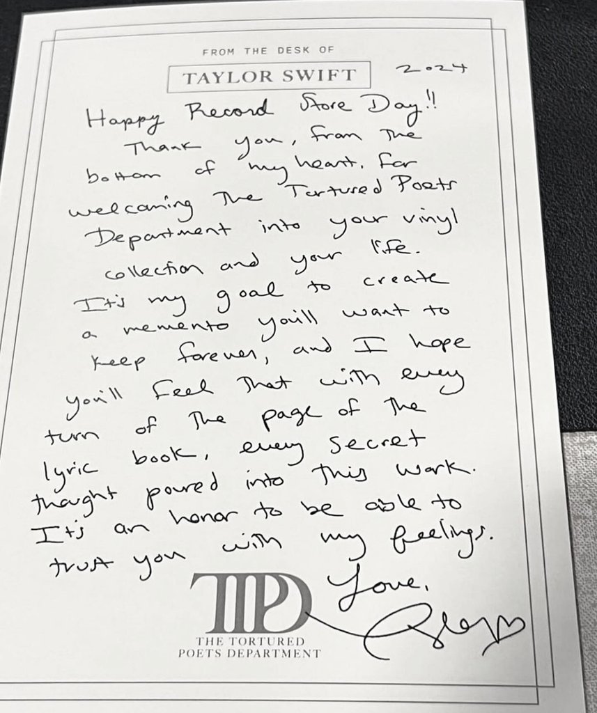 TheSwiftSociety's tweet photo. 🪶| Taylor Swift's handwritten letter to record stores.

"It's an honor to be able to trust you with my feelings" https://t.co/gf9ikJGPbj