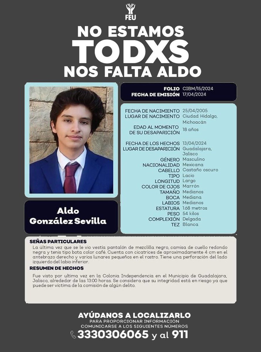Zoermr_'s tweet photo. Aldo aún no regresa a casa. Si sabes algo de nuestro compañero del CUCS comunícate al número de la ficha. 

¡Ayúdennos a compartir! 

#TeBuscamosAldo
#NosFaltaAldo
#HastaEncontrarlo https://t.co/gCS11VGens