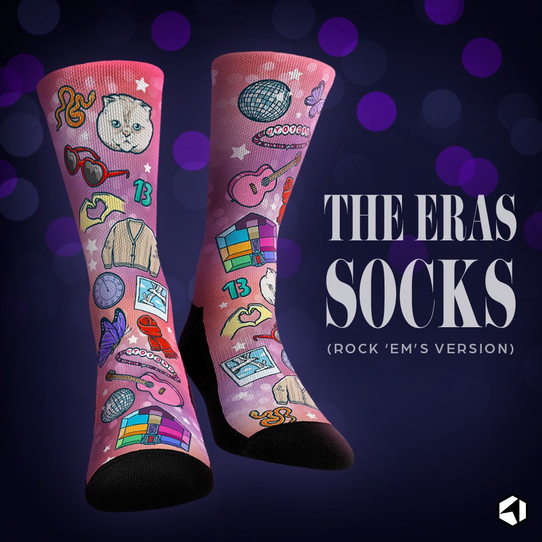 RockEm's tweet photo. Party like it’s 1989 with our new “Eras All-Over” socks! Shake off the ordinary with this fresh design inspired by timeless tunes! 

Whether you’re feeling 22 or fearless, fill the blank space in your sock drawer with Rock ‘Em https://t.co/DySKSNOsoy