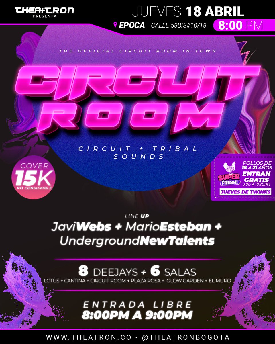 theatronbogota's tweet photo. HOY! 18 de Abril, JUEVES HOT ❤️🔥
6 SALAS + 8 DJS + #SEXYDANCERS + #HOTSHOW🔥 + #RINGDEDIVAS 🥊
🎫Entrada libre de 8pm a 9pm. 🆓
Después de las 9pm. 15k.
#Theatron Siempre te da más!!
#Jueves #Thursday #JuevesHot
#Bogota #fiesta #Rumba #Music #circuitroom #Shows https://t.co/VnRUbERTyl