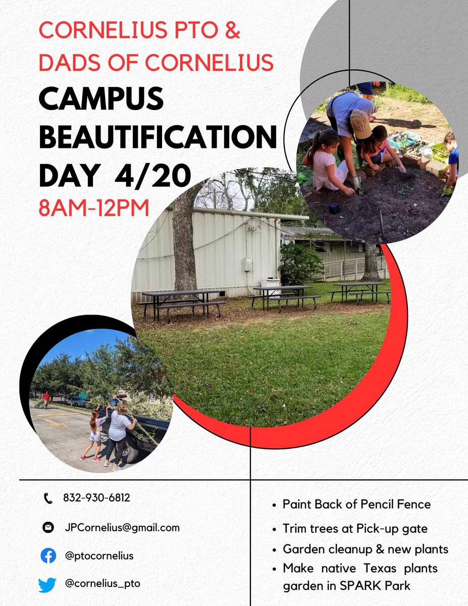 📣Calling all Parents, students, teachers and middle/high school students needing volunteer hours 🗓 @CorneliusElem Campus Beautification Day Saturday 4/20 @ 8AM-12PM 🐾 @HisdSouth @ptotoday @Milby_HS @CishWow @ChavezHS_HISD @CarnegieRhinos @OrtizMiddle @hartman_ms @YWCPAHISD