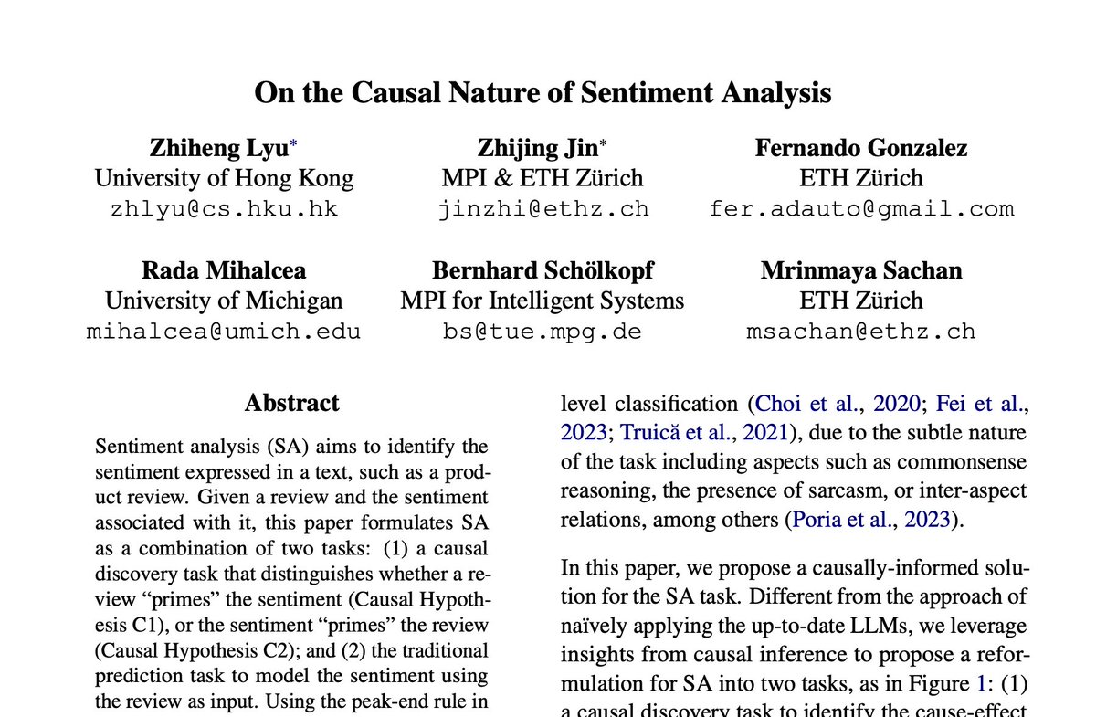 We've spent a tremendous amount of time reflecting whether the NLP task of Sentiment Classification (x=review, y=rating) is causal or anticausal since 2020. Check out our 2024 latest answer➡️arxiv.org/abs/2404.11055 💡We combined Causality and Psychology insights & improved #LLMs!
