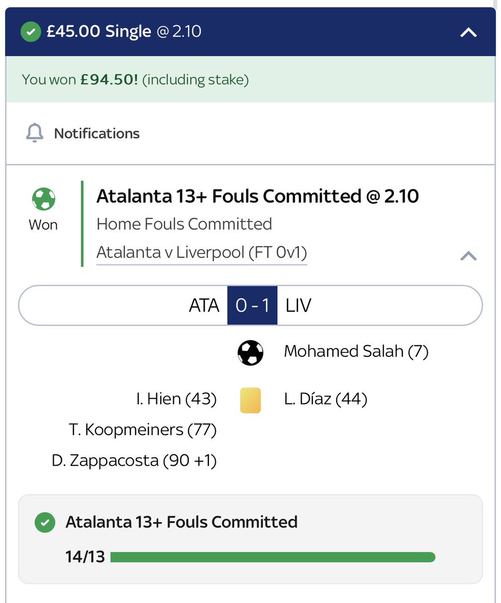 OddsUpClub's tweet image. Atalanta finish on 14 - could of gone higher but small profit of 0.65 units ✅