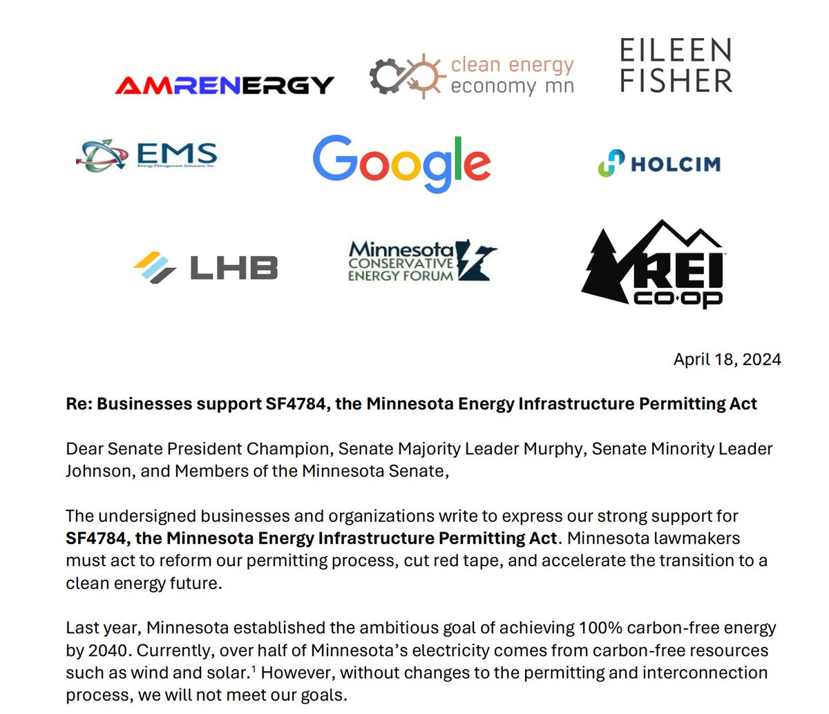 Inbox: In a new letter, Google and REI are among the companies urging the Legislature to pass the Senate version of the energy permitting bill that is on the floor right now: