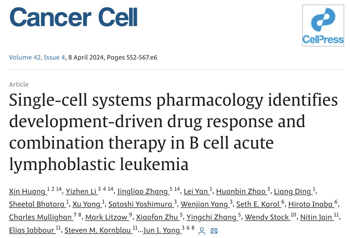 High impact paper on drug responses in ALL featuring @DrWendyStock as co-author! pubmed.ncbi.nlm.nih.gov/38593781/