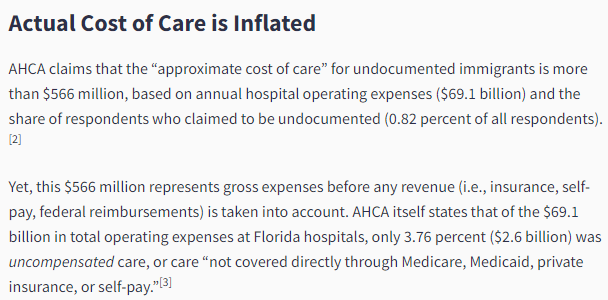 Wait, so the methodology for DeSantis's splashy report was to take the total operating costs of Florida hospitals and divide that by the % of people served who were undocumented—even though 96% of those costs were paid for by patients/insurance! That is so dishonest.