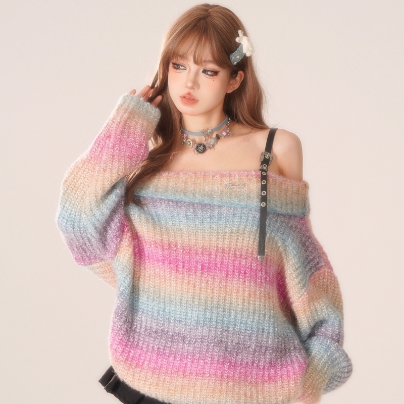 Get ready to add some sweetness to your wardrobe with our Sweet Girly Style Rainbow One-shoulder Sweater! This adorable piece is perfect for adding a pop of color to your look. Buy now: kawaii.bio/21sizp #fashion #sweaterweather #style