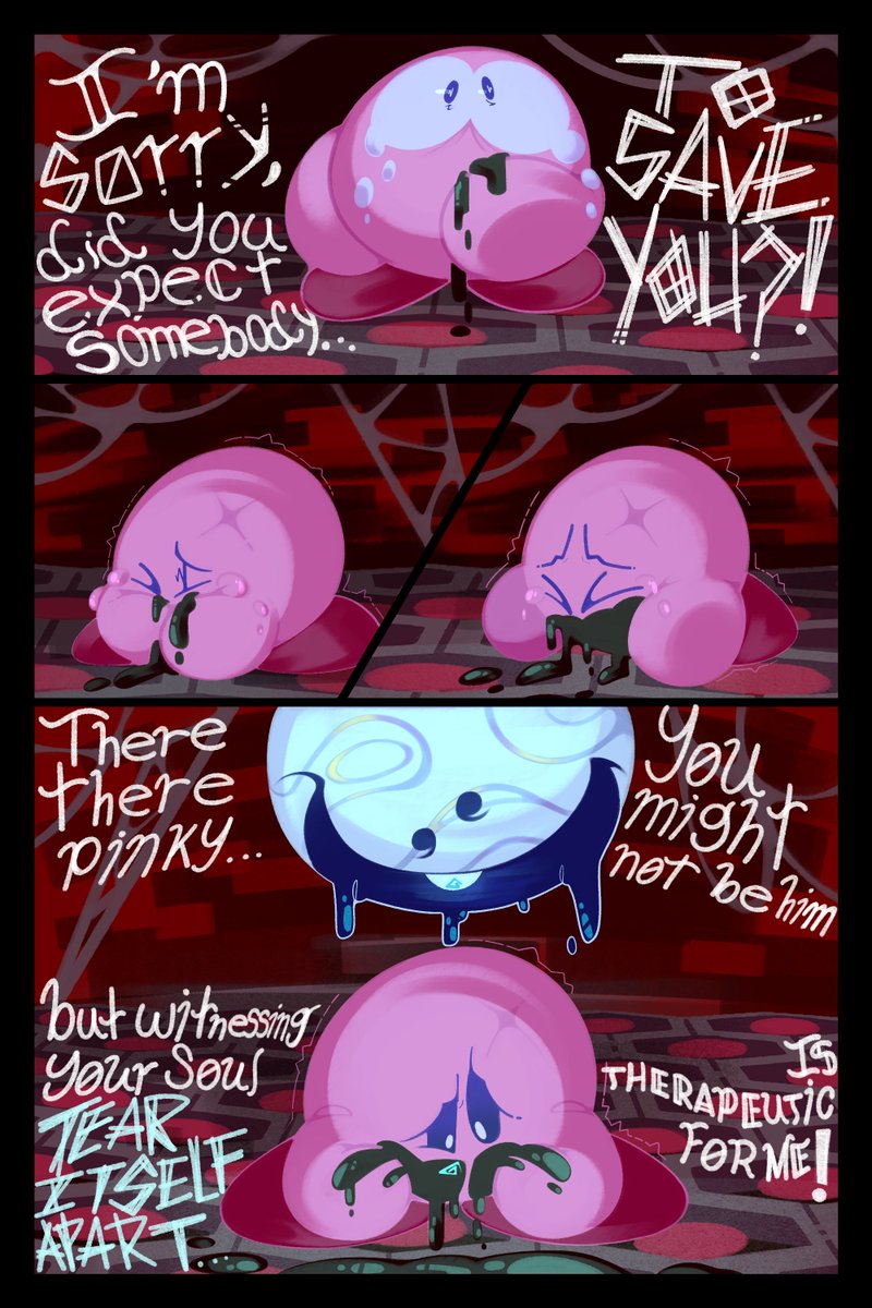 the_mad_fanatic's tweet photo. The Truth Pages 13 &amp; 14
With a deteriorating condition and under extreme stress and fear, Kirby begins to hallucinate his possessed friends as true horrors!
#カービィ #Kirby #ComicArt #VoidTermina #Void #kingdedede #metaknight #Magolor #myart #KirbyStarAllies https://t.co/e9KW0XMsc6