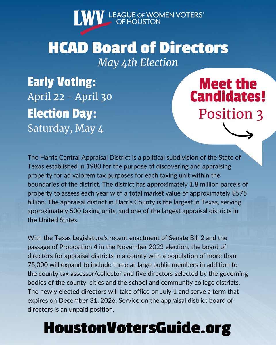 CANDIDATES: Position 2, HCAD Board of Directors

Get to know the candidates for the Harris Central Appraisal District Board of Directors and make a plan to vote during early voting April 22-30 or election day May 4th!🧵

#lwvhouston #harrisvotes #houstonvoter #hcad