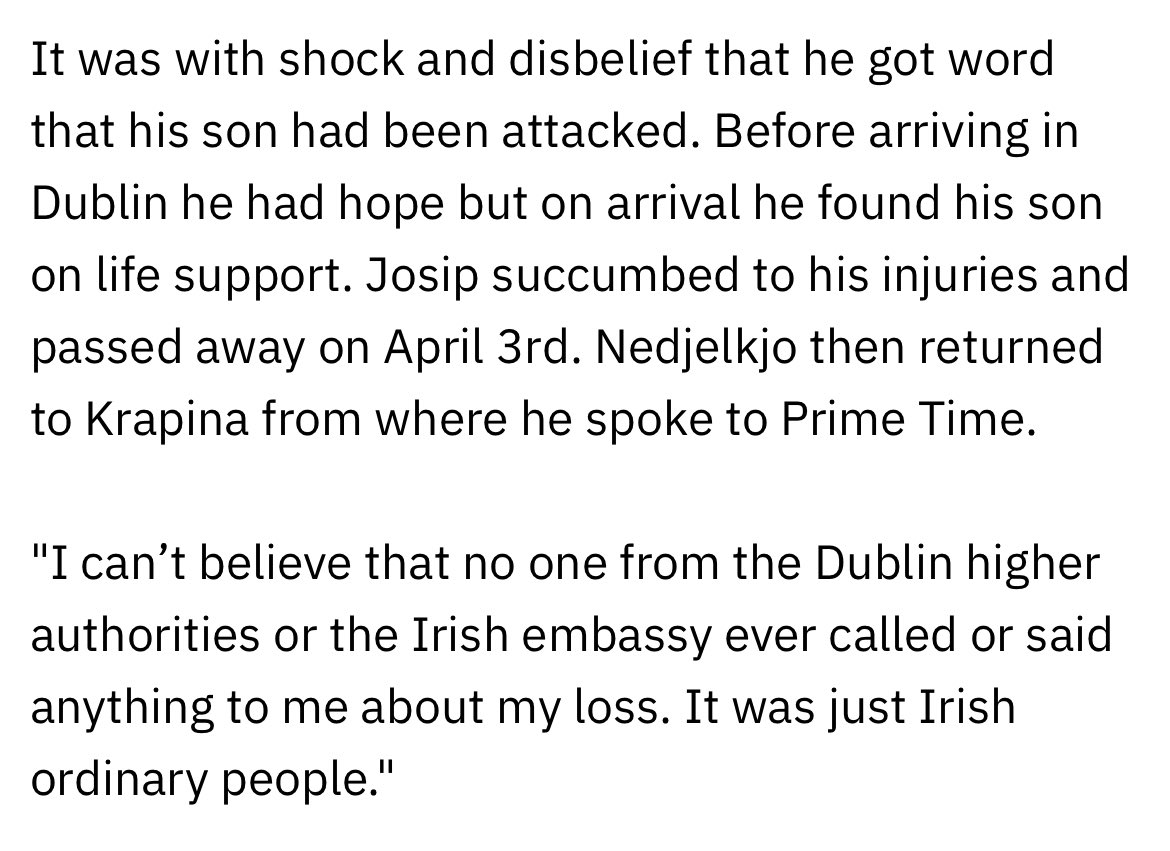 Quite incredible to read that nobody from authorities or Government was ever in touch with Josip Strok’s father to extend condolences. Contrast that with the national conversation on law & order that followed the assault on Stephen Termini.