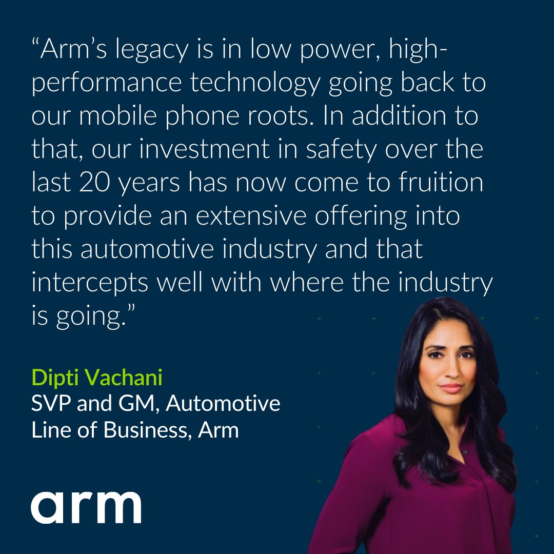 The future of automotive is here. 🚀   Hear from Dipti Vachani on @IBDinvestors as she shares details on the game-changing performance and functional safety features of our new Armv9-based AE processors and server-class Neoverse technology: okt.to/WVtw58