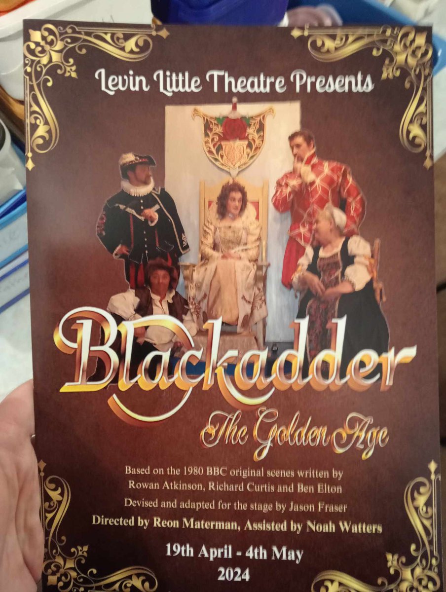 RH_Badger's tweet photo. Opening night tonight #blackadder #goldenage #comedy #bbc #80scomedy #stageplay #theatre #queenelizabeth #80s #melchet #baldrick #lordpercy #nursey inspired by @stephenfry @Tony_Robinson @hughlaurie hope we do you chaps proud @beneltonlive #RikMayall @Miriammargolyes #levin #nz https://t.co/JElU7dQJta