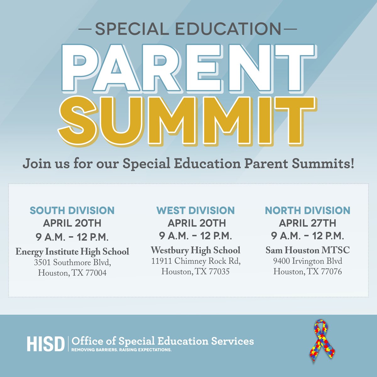 .@HisdSouth & @HISD_West will be hosting their Special Education Spring Parent Summit this Sat., April 20. There, HISD parents & caregivers can connect with special education school staff, receive important information, & access resources through our vendor fairs. See you there!