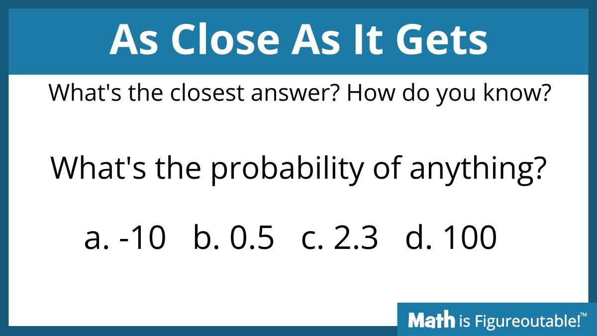 What do your students know about probability? You could use this As Close As It Gets to help you find out. More questions like this here: mathisfigureoutable.com/ascloseasitgets #MathIsFigureOutAble #MathChat #MTBoS #ITeachMath #MathEd #Mathematics