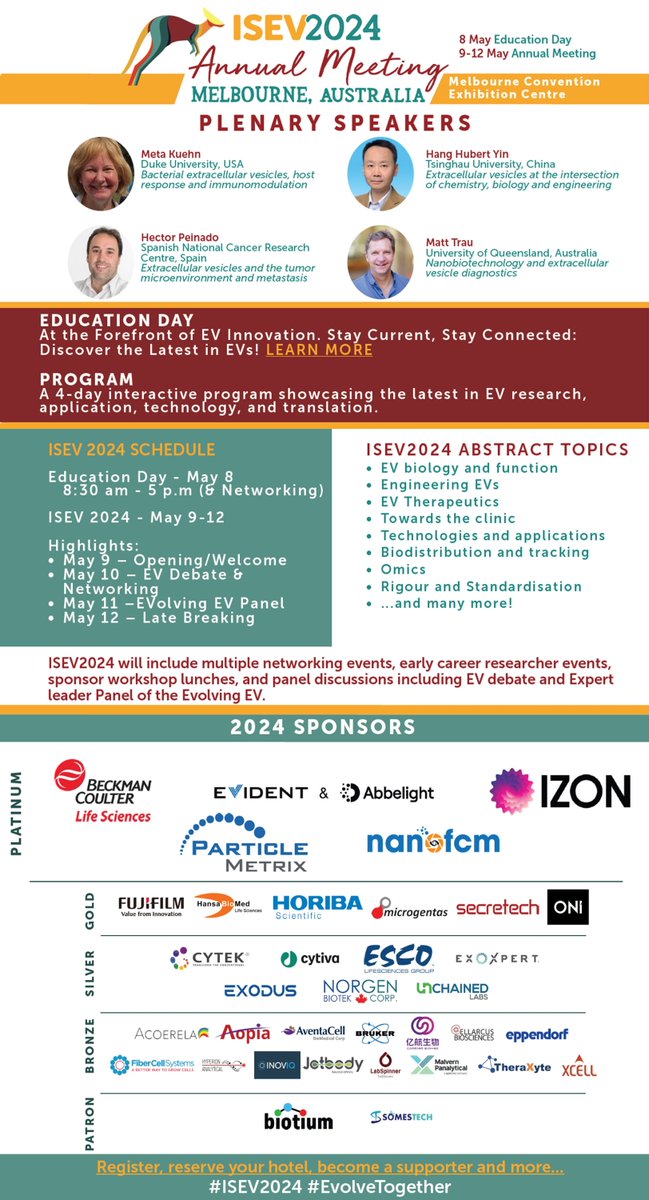 IsevOrg's tweet photo. We are excited to announce the programme for #ISEV2024: https://t.co/7zQxmml1XP 
> 28 Combined sessions
> 4 Plenary speakers
> 23 Invited expert speakers
> 120 Oral presentations
> 3 Poster sessions, 10 satellite sessions
> Panel discussions, networking
> Education day
@ISEVcomms https://t.co/zSM2f3PhMD