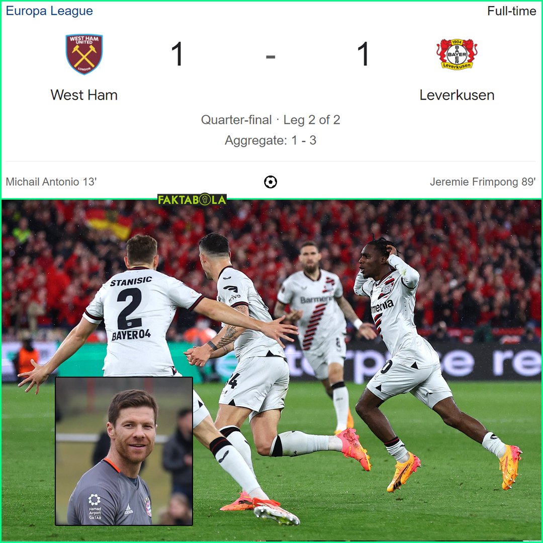 Absolutely brilliant! Bayer Leverkusen kembali ke mode late game coyy. Gol Jeremie Frimpong di menit 89' menyelamatkan Leverkusen dari kekalahan atas West Ham. Leverkusen juga melaju ke semi-final Europa League dengan skor agregat 3-1 👏 TIM ASUHAN XABI ALONSO BELUM TERKALAHKAN…