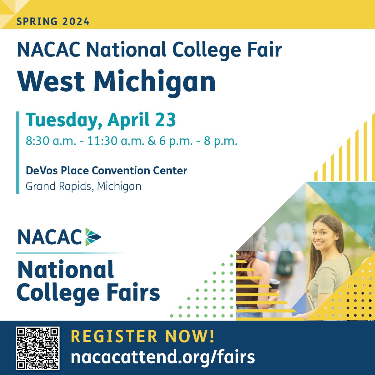 Spread the Word! #NACAC’s next in-person college fair is the West Michigan National College Fair. Join us for two sessions on Tuesday, Apr 23. More information at nacacattend.org/fairs #collegefairs #collegefair