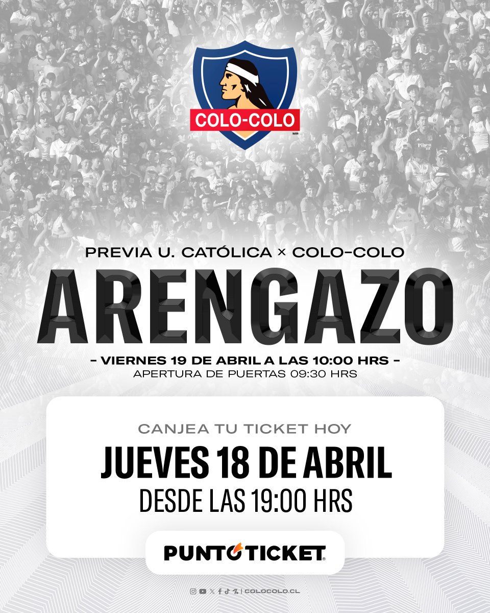 ColoColo's tweet photo. ⚪⚫ Arengazo Monumental 10:00 hrs
🎟️ Canjea tu ticket gratuito
🏟️ Solo sector Cordillera
🗓️ Viernes 19 de abril
🚪Apertura de puertas desde las 09:30 hrs

¡VAMOS COLO-COLO! https://t.co/t2etXVBDS0