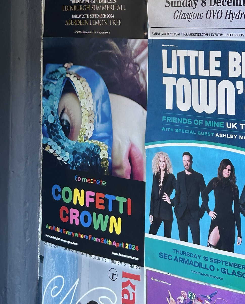 Spotted out in the wilds of Maryhill! Poster advertising the fact that in just one week our new single Confetti Crown will be released! We’re heading back into the studio next week too so expect more new jams very soon! @LNFGlasgow @missnashii @BernyMcgurk @melldoom