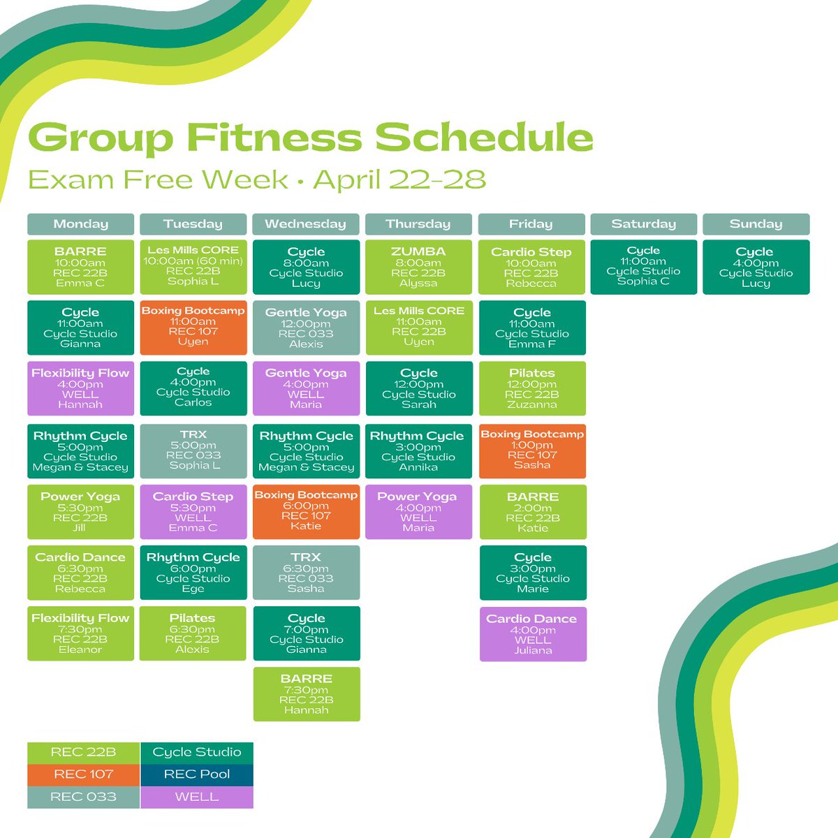 usf_rec's tweet photo. 🧘‍♀️ We're excited to bring you the exam-free week &amp; finals week group fitness schedule!

🌟 We wish you luck during your finals!

🔗 Check back soon for the Summer A Group fitness schedule! https://t.co/6otHxISjUJ