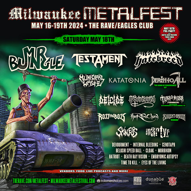 We are just ONE MONTH AWAY from a stacked Saturday at @mkemetalfest with @MrBungle, @testament, @hatebreed, @MUNICIPALWASTE, @KatatoniaBand, and plenty more! 💥 Use code BUNGLE20 for $20 off all ticket types for a limited time » therave.com/metalfest